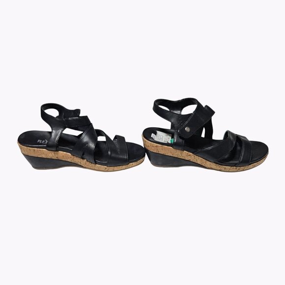 Flex Step Black Faux Leather Sandals Womens 7.5 M Strappy Sling Back Wedge Heels - Picture 6 of 14